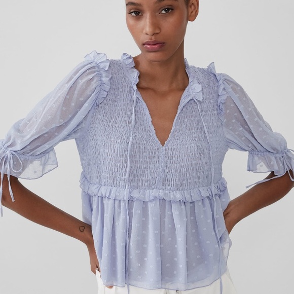 Zara Swiss Dot Smocked Ruffle Top - Picture 1 of 3